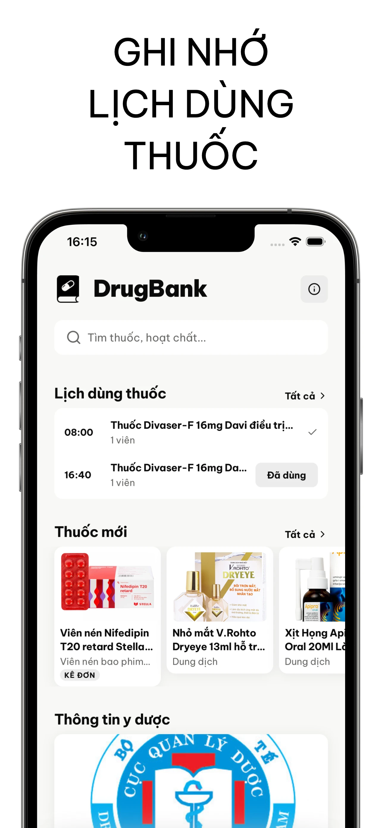 Màn hình chính của ứng dụng DrugBank với lịch dùng thuốc trong ngày